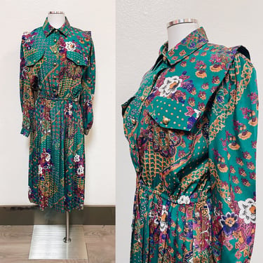 1980s-1990s Teal Shirt Dress w Gold & Purple Kaleidoscope Print by Leslie Fay Medium | Vintage, Business Woman, Boss Babe, Retro 