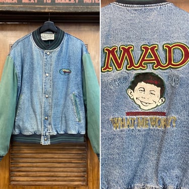 Vintage 1990’s “MAD Magazine” Alfred E. Neuman Denim Bomber Jacket, 90’s Jacket, 90’s Television, 90’s Bomber, Vintage Clothing 