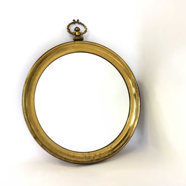 Vintage French Brass Pocket Watch Wall Mirror Golden Round Mirror Mid-Century Modern Hall Mirror , Vanity Mirror , Decorative Mirror 1950s 