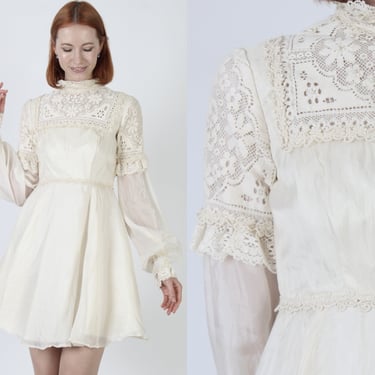 60s Ivory Chiffon Wedding Dress, Bridal Party Sheer Ruffle Composer Sleeves, Vintage Solid Plain Cream Mini Frock 