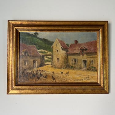 1940's A. Bailly Countryside Farmhouse With Chickens Landscape Oil Painting, Frame 