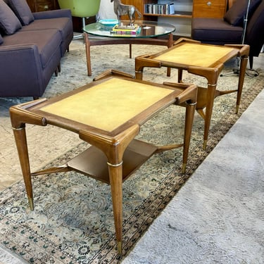 Pair Walnut Side Tables w/Leather Tops