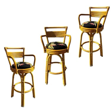 Restored 2-Strand Arch Base Rattan Bar Stools w/ Armrest, Set of 3 