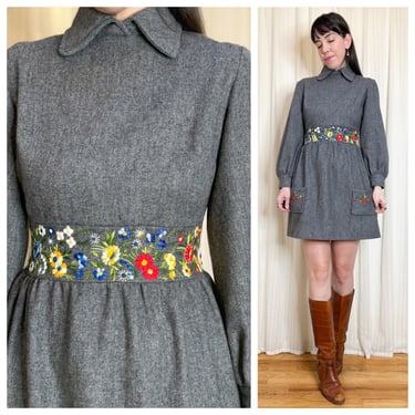 70s grey embroidered floral dress 
