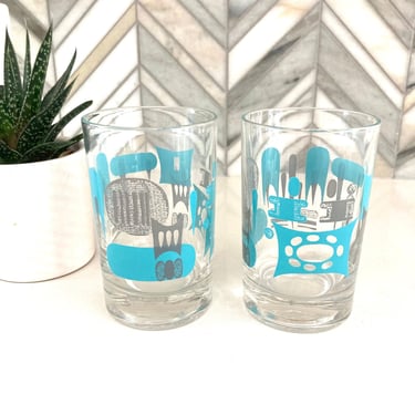 BLUE HEAVEN Juice Glasses, Shot Glasses, Mid Century Modern, MCM Glass, Glassware, Blue, Turquoise, Gray, Teal, Grey, 4 oz, Low Ball, Bar 