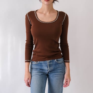 Vintage 70s French Made Brown Studded Long Sleeve Rock 'N' Roll Tee Shirt | Made in France | 100% Cotton | 1970s Glam Punk Rock T-Shirt 