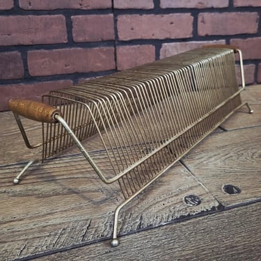 Mid Century MCM Brass Wire Record Holder with Wood Handles 