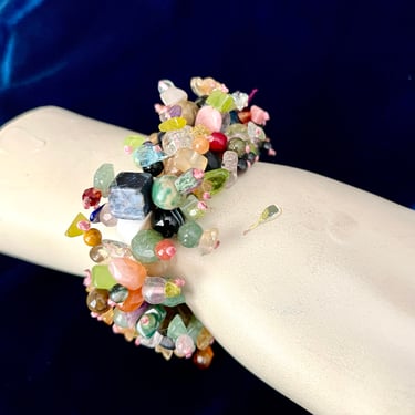 Hand Crafted Beaded Bracelet, Wide, Statement, Art Glass Beads Stretch 