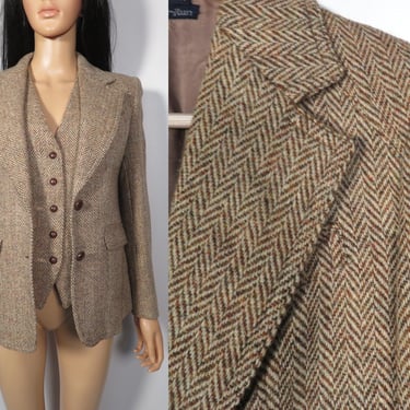 Vintage 90s Harris Tweed Herringbone Tweed Womens Blazer And Vest Set Size S 