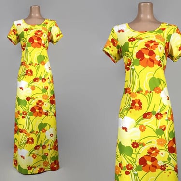 VINTAGE 60s 70s Bright Psychedelic Floral Hawaiian Print Maxi Dress | 1960s 1970s Poppy Red Floral Hostess Dress | Made in Hawaii | VFG 