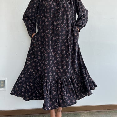 Silk Black Floral Print Easy Dress (L)