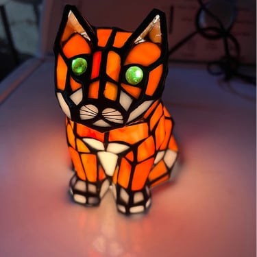 Vintage Tiffany Style Stained Glass Cat Lamp Tabby Cat Nightlight WORKS 