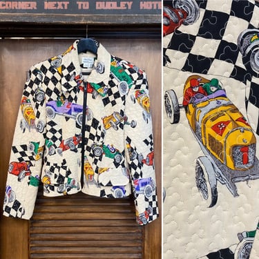 Vintage 1980’s Race Car Design Silk Pop Art Quilted Jacket, 80’s New Wave, Vintage Fitted Jacket, Vintage Clothing 
