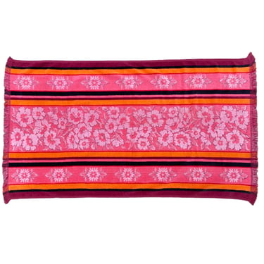 Vintage 1960 1970s Terry Velour Beach Towel, Bright Pink Floral & Stripes by Springmaid, Mid-Century Cotton Bath Towel, 42