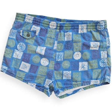 vintage swim shorts / 60s shorts / 1960s blue and green tiki block print cotton drawstring swim shorts Large 