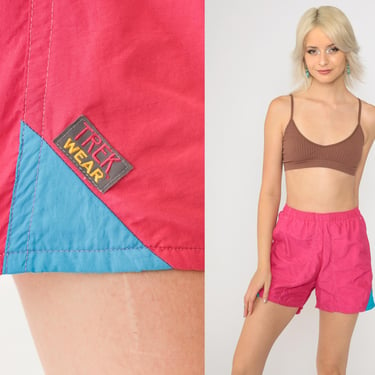 Vintage 90s Beach Shorts Hot Pink Trek Wear Nylon Windbreaker Shorts 80s Color Block Athletic Nylon Gym Shorts Turquoise Small xs 