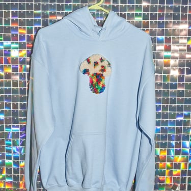 Tufted Blue Hoodie, Handmade gift, unique gift, mushroom, happy face, flower, yin-yang 