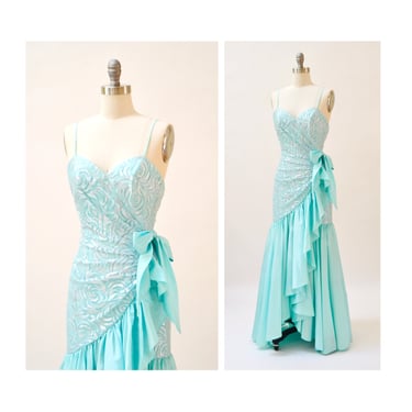 80s Vintage Prom Dress Gown XXS XS Small Ruffle Lace Dress Blue Aqua// 80s Princess Bridesmaid Pageant Dress Gown Sea foam XS Small TD4 