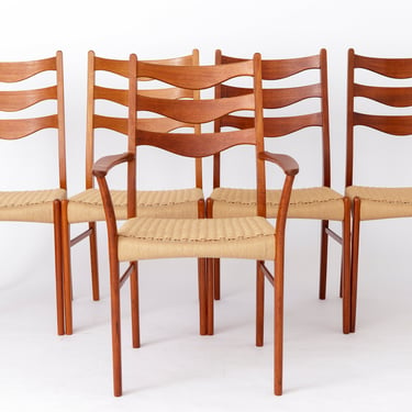 Set of 5 Arne Wahl Iversen Mid-Century Teak Dining Chairs with Papercord Seats - Model GS91 for Glyngøre Stolefabrik 