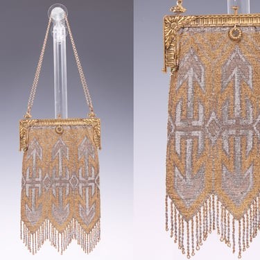 Vintage 1910's Gold & Silver Art Deco Handbag • Deco Beaded Fringe Purse 