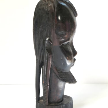 Vintage Hand Carved Ebony Wood Statue African Child Mask African Sculpture Art Mid Century Tribal Warrior Folk Art 