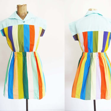 Vintage 60s Matching Co Ord Striped Skirt Top Set XS S - 1960s Multicolor Patchwork Elastic Waist Mini Skirt - Clowncore Aesthetic 