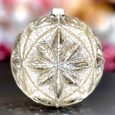 VINTAGE: 4" Textured Silver Glass Christmas Ornament - Specialty Halliday Decorations Xmas 
