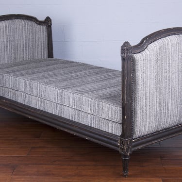 Antique French Louis XVI Style Painted in Black Daybed W/ Tweed Fabric 