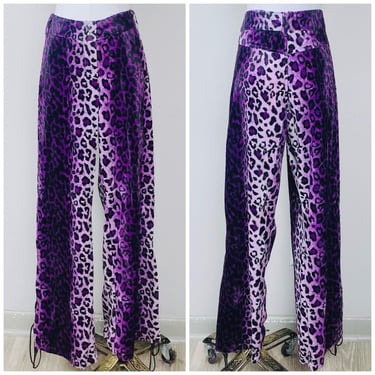 Y2K Lip Service Lace Up Purple Leopard Pants / Vintage Low Rise Faux Fur Animal Print Lace Up Leg Trousers / Size XXL Waist: 42