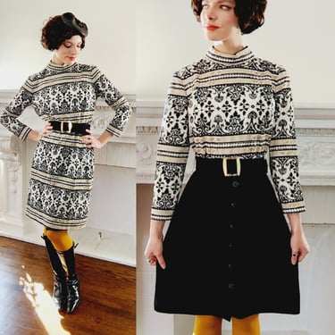 60s Dress Long Sleeved Graphic Print Black Brown White Two In One w/Changeable Skirt 
