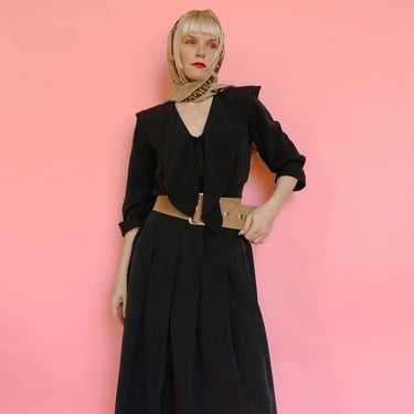 Vintage 80s Drop Waist Black Collared Dress 