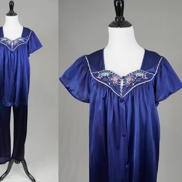 70s 80s Vanity Fair Pajamas - Dark Blue Embroidered Button Front Top - Pajama Pants Bottoms - Vintage 1970s 1980s - Medium 