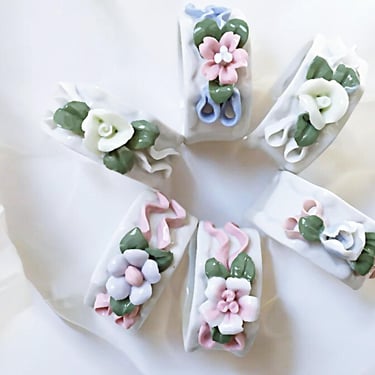 Set of 6 Vintage Porcelain Napkin Rings.  Pastel Applied Flowers on china. Cottagecore table decor 