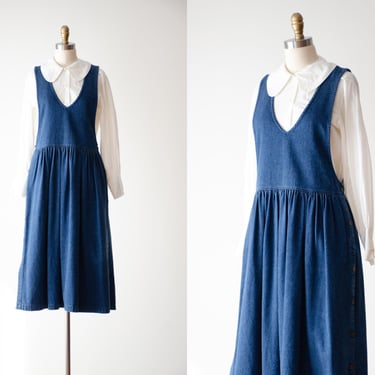 denim pinafore dress | 80s 90s vintage dark wash blue jean dark academia cottagecore oversized midi dress 