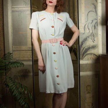 1930s Dress - Wounded Bird  - Pale Grey Vintage 40s Juniors Style Day Dress with Pastel Accents 