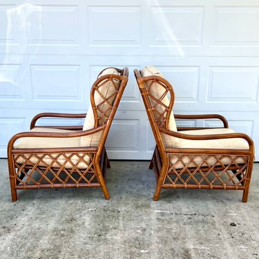 Bamboo Rattan Wingback Chairs Pair | Vintage Lounge Chairs | Set of Chairs with Cushions 