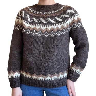 Vintage Womens Hand Knit Fair Isle 100% Wool Brown Icelandic Nordic Sweater Sz M 