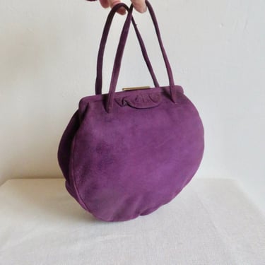Vintage 1940's Purple Grape Suede Purse Double Top Handles Gold Metal Hardware Rockabilly Swing WW2 Era Handbag 40's Purses 