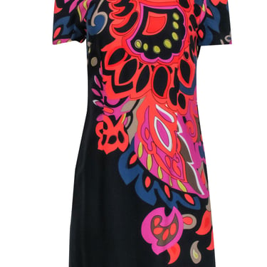 Trina Turk - Black & Multicolored Floral Print Short Sleeve Shift Dress Sz 4