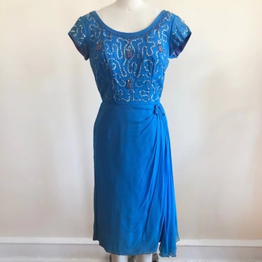 Embellished Blue Cocktail Dress - 1950s 