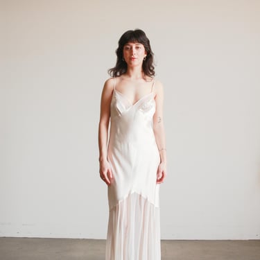 1990s Ecru Satin Sheer Paneled Bias Dress 