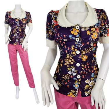 1970's Aubergine Purple Floral Button Down Poly Top I Shirt I Blouse I Sz Med I J.C.Pennys 