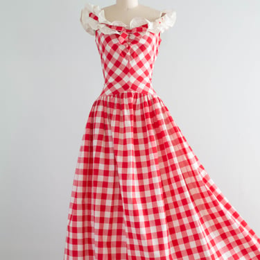 Splendid 1930's Red and White Cotton Gingham Summer Party Dress / Sm