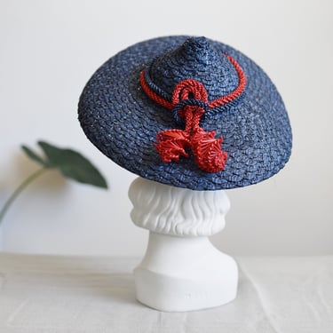 1930s Blue and Red Straw Sunhat 