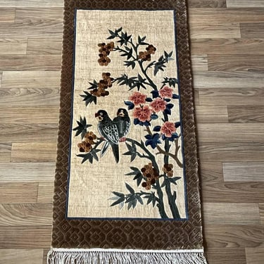 Vintage Silk Rug Tapestry With Birds Motif 