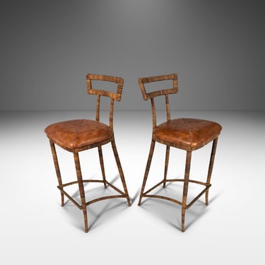 Set of Two (2) Mid Century Modern Substantial Campaign Bar Height Bar Stools by Maitland-Smith, c. 1980's 