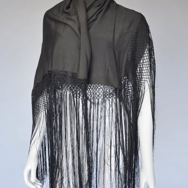 edwardian shawl | 1920s black silk shawl | vintage 20s silk fringe wrap | square, one size 