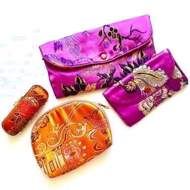 Vintage Asian Brocade Floral Accessories Travel Pouch Case Set Lipstick Holder Jewelry Organizer Makeup Pouch 