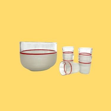 Vintage Ice Bucket and Shot Glass Set Retro 1970s Mid Century Modern + Frosted Glass + Red Stripe + Cocktail + MCM + Home and Bar Decor 
