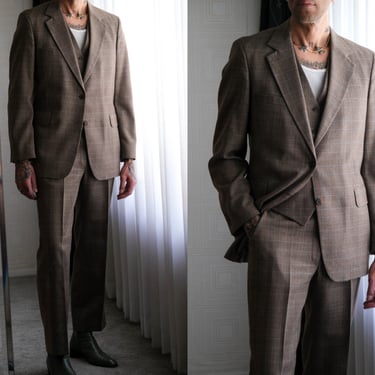 Vintage 70s Centennial Park Brown Tartan Plaid Three Piece Flare Leg Suit | Made in Romania | 100% Wool | 1970s  Designer Tailored Mens Suit 
